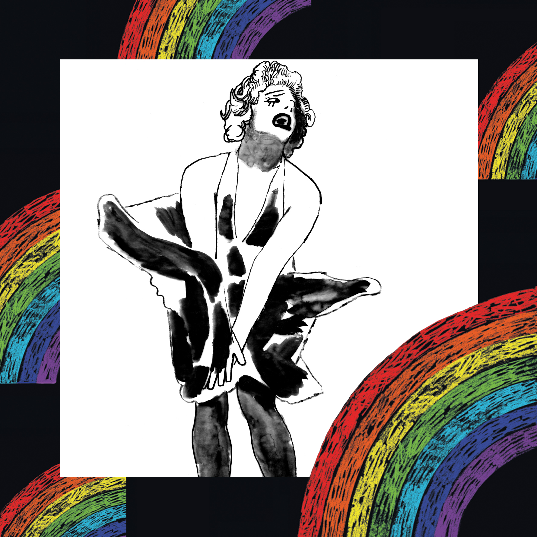 A black and white illustration of artist Dickie Beau dressed as Marilyn Monroe, holding down a white dress as it lifts in a gust of air. The illustration is layered on a black background with illustrated rainbows