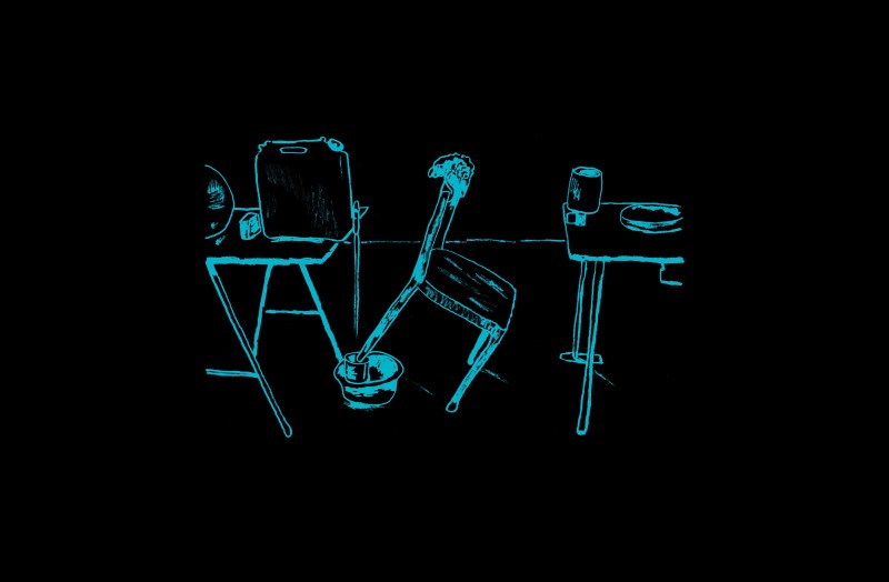 illustration of an artwork by Fischli/Weiss - chairs balancing